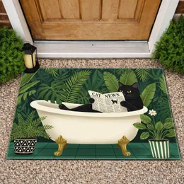Black Cat Bathtub Tropical Foliage - Home Decor Gift for Cat Lover Doormat