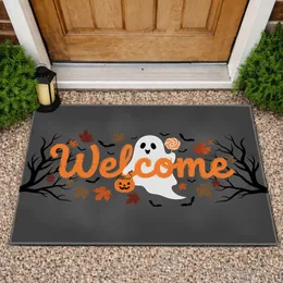 Welcome Friendly Ghost Pumpkin Lollipop Autumn Leaves Bats - Halloween Party Decor Doormat
