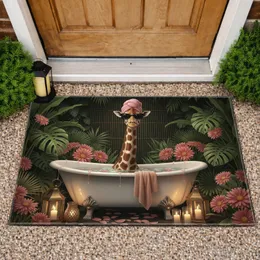 Giraffe Spa Bathtub Tropical Flowers - Home Decor Gift for Wildlife Lover Doormat