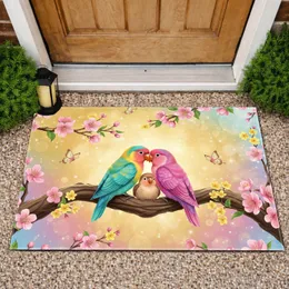 Nuzzling Lovebirds Baby Bird on Branch Blossoms Butterflies - Lush Garden Home Decor Gift Doormat