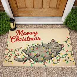 Gray Cat Christmas Lights Meowy Christmas - Holiday Home Decor for Cat Lover Doormat