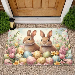Fluffy Easter Bunnies Pastel Eggs Spring Flowers - Easter Holiday Home Decor Doormat