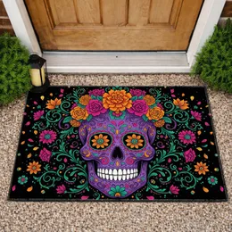 Vibrant Purple Sugar Skull Calavera Floral - Dia de los Muertos Home Decor Doormat
