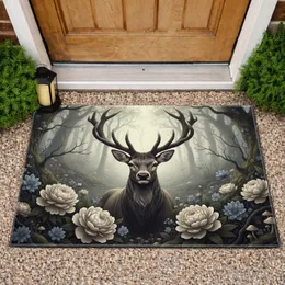 Majestic Stag Antlers Peonies Woodland Clearing - Home Decor Gift for Nature Lover Doormat