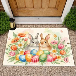 Realistic Bunnies Decorated Easter Eggs Spring Flowers - Easter Home Decor for Bunny Lovers Doormat