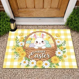 Easter Bunny Basket Eggs Daisies Plaid - Happy Easter Spring Decor Doormat
