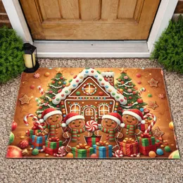 Gingerbread Characters House Christmas Tree Presents Candy Gumdrops - Festive Holiday Season Decor Doormat