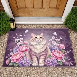 Striped Cat Vibrant Blossoms Pastel Butterflies - Cat Lover Home Decor Gift Doormat