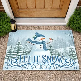 Smiling Snowman Bird Pine Trees Let It Snow Text - Christmas Winter Home Decor Gift Doormat