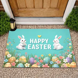 Happy Easter Bunnies Decorated Eggs Spring Flowers Aqua Teal - Easter Holiday Home Decor Gift Doormat