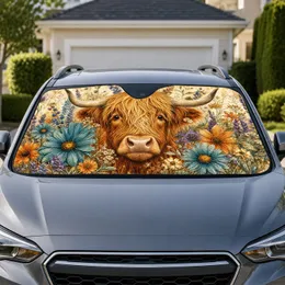 Highland Cow With Wildflowers Rustic Farmhouse Summer Road Trip Decor For Cow Lovers Car Sunshade