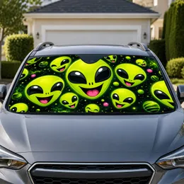 Playful Neon Green Alien Faces Space Party Decor For Road Trips Sci Fi Fans And Kids Car Sunshade