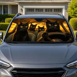 Black Cats With Golden Eyes Cozy Road Trip Cabin Scene For Cat Lovers And Drivers Car Sunshade