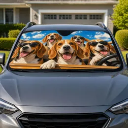 Five Happy Beagles On Road Trip Ride With Sunglasses For Dog Lovers Vacation Fun Car Sunshade