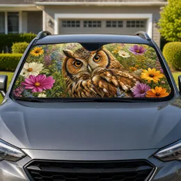 Vivid Brown Owl With Garden Flowers For Boho Nature Decor And Bird Lovers Spring Meadow Car Sunshade