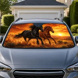 Galloping Black And Chestnut Horses At Sunset Western Prairie Ranch Road Trip Decor Car Sunshade