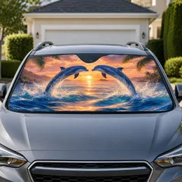 Leaping Blue Dolphins At Tropical Sunset For Beach Trips And Coastal Road Adventures Car Sunshade