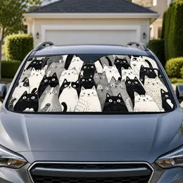 Monochrome Hand Drawn Cat Crowd Folk Art For Playful Pet Lovers On Everyday Drives Car Sunshade