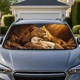 Crowned Lion And Sleeping Lamb Golden Religious Animal Decor For Faith Inspired Drivers Car Sunshade