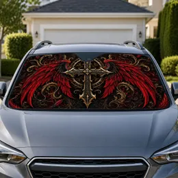 Gothic Cross With Crimson Angel Wings Dark Faith Decor For Metal Fans And Bikers Car Sunshade