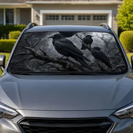 Three Black Crows On Twisted Dead Branch For Gothic Woodland Horror Aesthetic Decor Car Sunshade