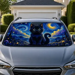 Black Kitten Under Starry Night Sky Celestial Decor For Cat Lovers And Dreamy Drives Car Sunshade