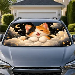 Happy Calico Kitten On Dreamy Clouds With Golden Stars Night Sky For Cute Cat Lovers Car Sunshade