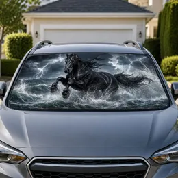 Black Stallion Stormy Ocean Lightning Scene For Dramatic Equestrian Coastal Decor Fans Car Sunshade