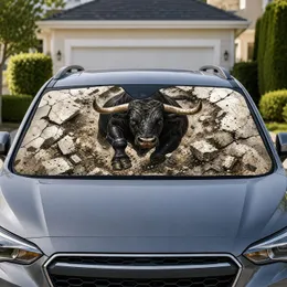 Charging Black Bull Breaking Stone Wall Dramatic Western Rodeo Ranch Gift For Men Car Sunshade