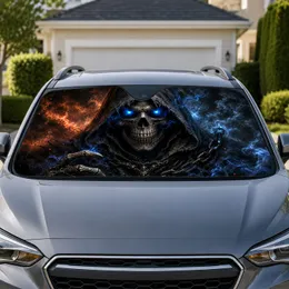 Grim Reaper Skull With Glowing Blue Eyes, Smoke And Flames For Gothic Horror Fans Car Sunshade