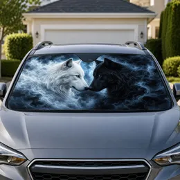 White And Black Wolf Yin Yang Pair With Icy Blue Eyes For Gothic Wildlife Decor Fans Car Sunshade