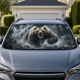Roaring Grizzly Bear In Snowy Alpine Forest For Wilderness Adventure And Rustic Cabin Fans Car Sunshade