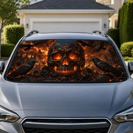 Fiery Halloween Skull With Ravens Black Roses And Gothic Cathedral For Horror Fans Car Sunshade