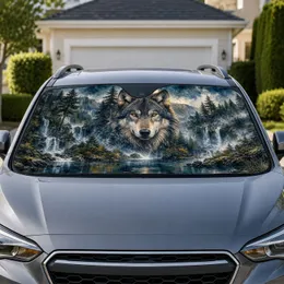 Majestic Wolf Moon Forest Waterfall Wildlife Decor For Outdoor Adventure Lovers Campers Car Sunshade