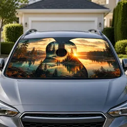 Acoustic Guitar Sunset Lake Wilderness Scene For Music Lovers Road Trip Vibes Gift Car Sunshade