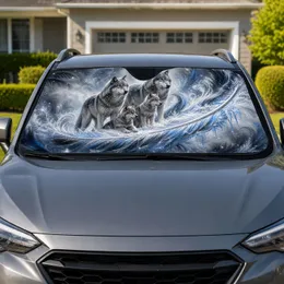 Fantasy Wolf Family With Icy Feather Plumes For Arctic Winter Wildlife Decor Fans Car Sunshade