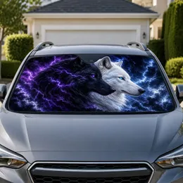 Dual Black And White Wolves With Purple Lightning Cosmic Night Decor For Wolf Lovers Car Sunshade