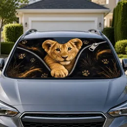 Realistic Lion Cub Peeking Through Zipper On Black Safari Decor For Animal Lovers Car Sunshade