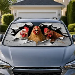 Realistic Three Chickens Peeking Through Torn Metal Farmhouse Humor For Poultry Fans Car Sunshade