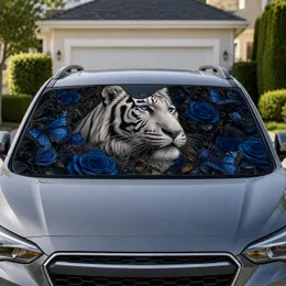 White Tiger With Blue Roses And Butterflies Gothic Wildlife Style For Luxury Drivers Car Sunshade