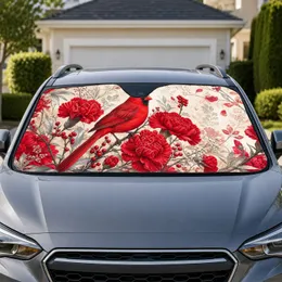Red Cardinal And Carnation Floral Scene For Nature Lovers And Winter Garden Style Car Sunshade