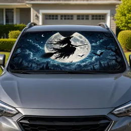 Gothic Witch Flying Across Full Moon Halloween Night Sky Decor For Spooky Drivers Car Sunshade