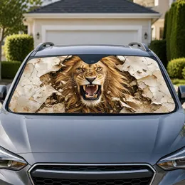 Roaring Lion Breaking Through Cracked Wall Realistic Safari Decor For Wildlife Fans Car Sunshade