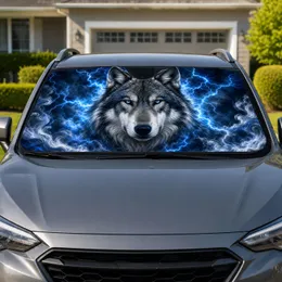 Realistic Gray Wolf With Electric Blue Lightning Storm For Night Drive Adventure Fans Car Sunshade