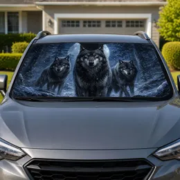 Realistic Moonlit Wolf Trio In Snowy Pine Forest For Wilderness Night Drive Style Car Sunshade