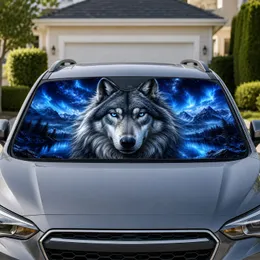 Realistic Blue Eyed Wolf In Moonlit Mountains For Wilderness Road Trip Adventure Fans Car Sunshade