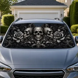 Gothic Silver Skull Trio With Roses And Baroque Filigree For Dark Metal Decor Fans Car Sunshade