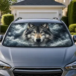 Majestic Gray Wolf With Blue Eyes In Storm Clouds For Wilderness Road Trip Lovers Car Sunshade