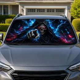 Grim Reaper Skull With Blue Lightning For Dark Fantasy Road Trips And Goth Drivers Car Sunshade