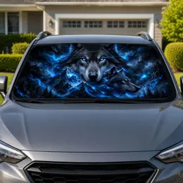 Glowing Blue Eyed Wolf Mountain Wilderness Decor For Night Drive Adventure Lovers Car Sunshade